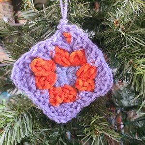 Handmade Purple/Cornflower Blue and Orange Crochet Ornament